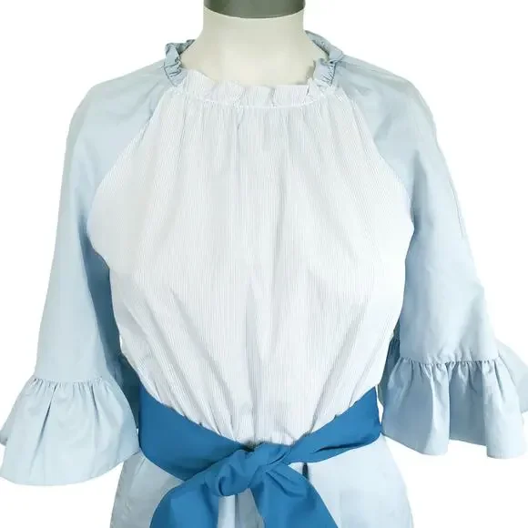 SANDRO Rosalyn colorblock pinstripe ruffle romper in blue sky Size 36 S 4 6 NEW - Picture 4 of 11